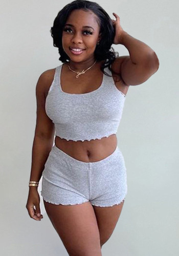 Women Solid Sports Sleeveless Vest Shorts Two-piece Set