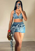 Women Summer Style Tassel Top and Skirt Elastic Denim Two-piece Set Women Summer Style Tassel Top and Skirt Elastic Denim Two-piece Set