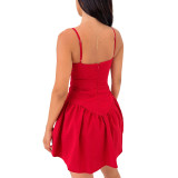 Women suspender ruffled solid dress
