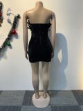 Women sexy sequin V Neck Strapless Feather Bodycon dress