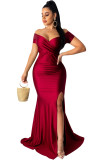 Women Short Sleeve French Sexy V-Neck Evening Dress solid Split Long Dress