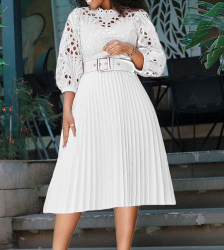 Summer plus size lace crochet sexy hollow pleated dress dress