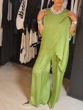 Women's Summer Solid Color Round Neck Casual Fashion Loose Irregular Two Piece Pants Set