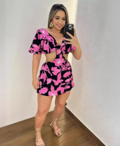 Printed Hollow Lace-Up Ruffle Short Sleeve Jumpsuit