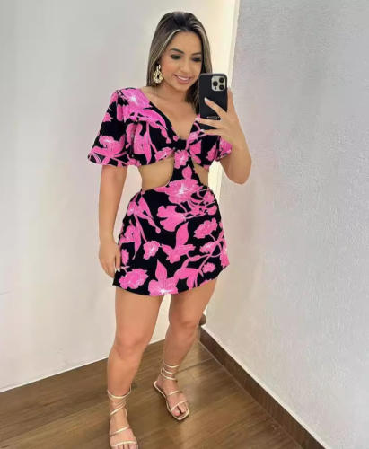 Printed Hollow Lace-Up Ruffle Short Sleeve Jumpsuit