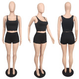 Women Solid Sports Sleeveless Vest Shorts Two-piece Set
