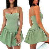Women suspender ruffled solid dress