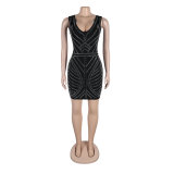Women sexy beaded v-neck bodycon stretch dress