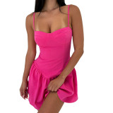 Women suspender ruffled solid dress