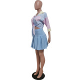 Women Striped Print Three-quarter Sleeve Shirt and Skirt Two-piece Set