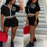 Women Summer Solid Zipper Print Top and Shorts Casual Two-piece Set