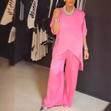 Women's Summer Solid Color Round Neck Casual Fashion Loose Irregular Two Piece Pants Set