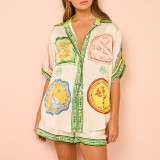 Summer Women loose printed shirt and shorts two-piece set