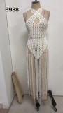 Sexy Crochet Cover-Up Cross Neck Tassel Hollow Beach Knitting Dress