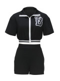 Women Summer Solid Zipper Print Top and Shorts Casual Two-piece Set