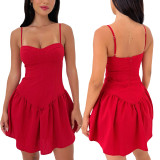 Women suspender ruffled solid dress