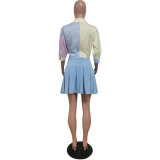 Women Striped Print Three-quarter Sleeve Shirt and Skirt Two-piece Set