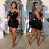 Women sexy sequin V Neck Strapless Feather Bodycon dress