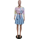 Women Striped Print Three-quarter Sleeve Shirt and Skirt Two-piece Set