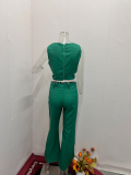 Women Casual Chic Solid Button Top and Pant Two-piece Set