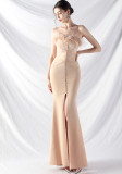 Women ostrich feather satin Maxi evening dress