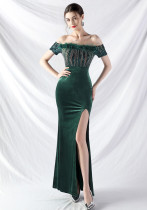 Women ostrich feather velvet Off Shoulder evening dress Women ostrich feather velvet Off Shoulder evening dress