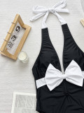 Women bikini black and white contrast bow tie Lace-Up one-piece swimsuit