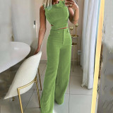 Women Casual Chic Solid Button Top and Pant Two-piece Set