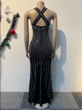 Sexy Beaded V-Neck Sleeveless Slim Elastic Long Dress