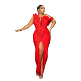 Women's Sexy Ruffled One-Shoulder Slit Evening Dress