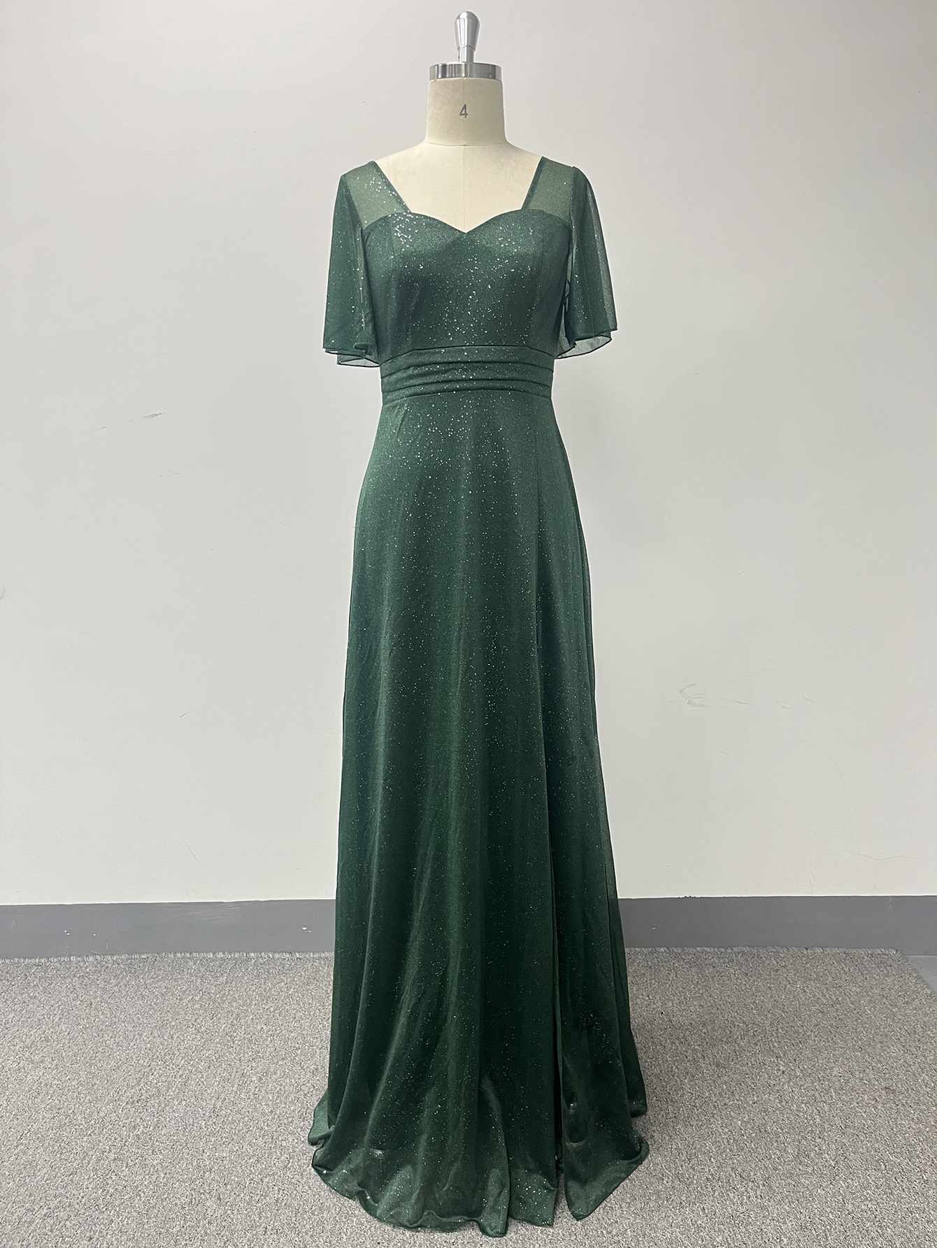 Women's Elegant Short Sleeve Square Neck Shiny Tulle Slit Evening Dress