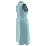 Plus Size Women's Turndown Collar Sleeveless Button Belt Denim Long Dress