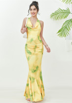 Women's Strap French Chic Style Halter Neck Deep V Printed Ruffle Long Dress