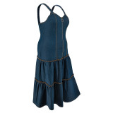 Plus Size Women's Sleeveless Strap Long Denim Dress