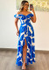 Women Printed Off Shoulder Strap High Slit Long Dress