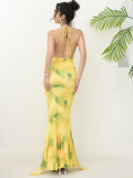 Women's Strap French Chic Style Halter Neck Deep V Printed Ruffle Long Dress