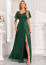 Women's Elegant Short Sleeve Square Neck Shiny Tulle Slit Evening Dress Women's Elegant Short Sleeve Square Neck Shiny Tulle Slit Evening Dress