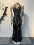 Sexy Beaded V-Neck Sleeveless Slim Elastic Long Dress