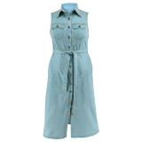 Plus Size Women's Turndown Collar Sleeveless Button Belt Denim Long Dress