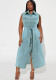 Plus Size Women's Turndown Collar Sleeveless Button Belt Denim Long Dress