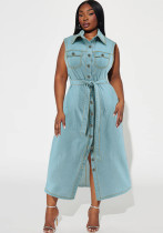Plus Size Women's Turndown Collar Sleeveless Button Belt Denim Long Dress Plus Size Women's Turndown Collar Sleeveless Button Belt Denim Long Dress