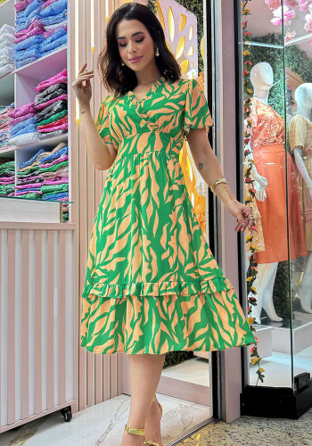 Women Ruffle V Neck Short Sleeve Slim Waist Chic Midi Dress