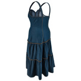 Plus Size Women's Sleeveless Strap Long Denim Dress