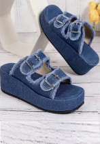 Plus Size Denim Belt Buckle One-Step Sandals Women's Summer Outdoor Wear Thick-Soled Slippers Plus Size Denim Belt Buckle One-Step Sandals Women's Summer Outdoor Wear Thick-Soled Slippers