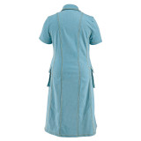 Plus Size Women's Turndown Collar Short Sleeve Button Fashion Denim Dress