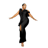 Women's Sexy Ruffled One-Shoulder Slit Evening Dress