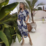Women Printed Short Sleeve Beach Casual Shirt Long Dress