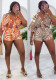 Printed Lace-Up Bat Sleeves Loose Two-Piece Shorts Set