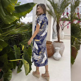 Women Printed Short Sleeve Beach Casual Shirt Long Dress