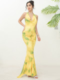 Women's Strap French Chic Style Halter Neck Deep V Printed Ruffle Long Dress